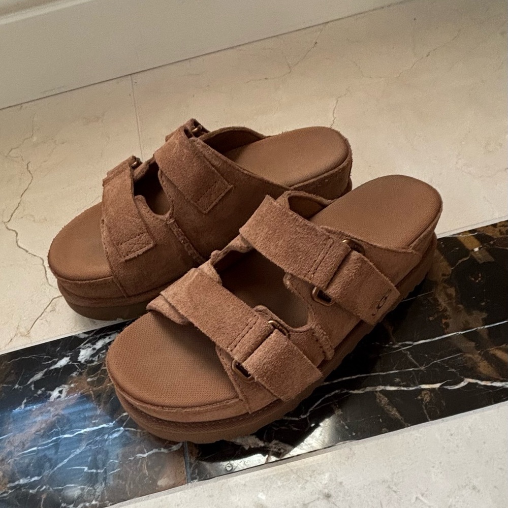UGG Tan Double Strap Platform Slides